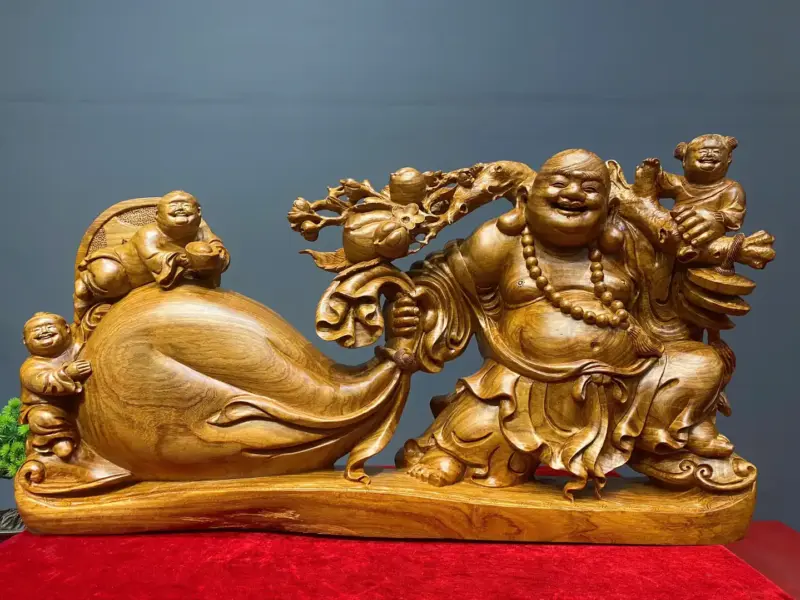 di-lac-keo-bao-tien-go-huong-ta-G5419-1 Tượng Di Lặc Kéo Bao Tiền Gỗ Hương Ta Liền Khối G5419