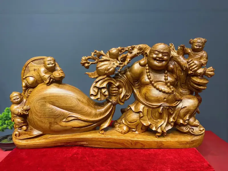 di-lac-keo-bao-tien-go-huong-ta-G5419-2 Tượng Di Lặc Kéo Bao Tiền Gỗ Hương Ta Liền Khối G5419