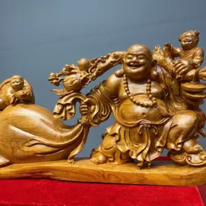 di-lac-keo-bao-tien-go-huong-ta-G5419-3 Tượng Di Lặc Kéo Bao Tiền Gỗ Hương Ta Liền Khối G5419