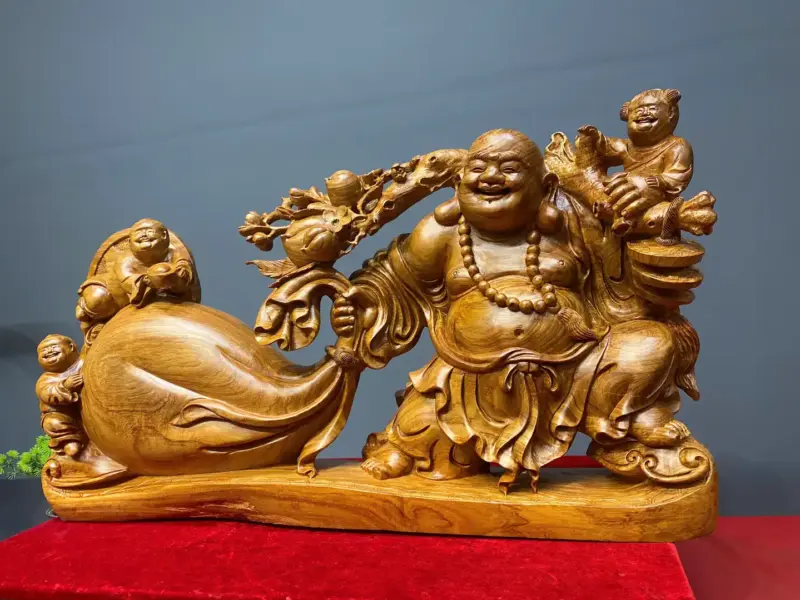 di-lac-keo-bao-tien-go-huong-ta-G5419-3 Tượng Di Lặc Kéo Bao Tiền Gỗ Hương Ta Liền Khối G5419
