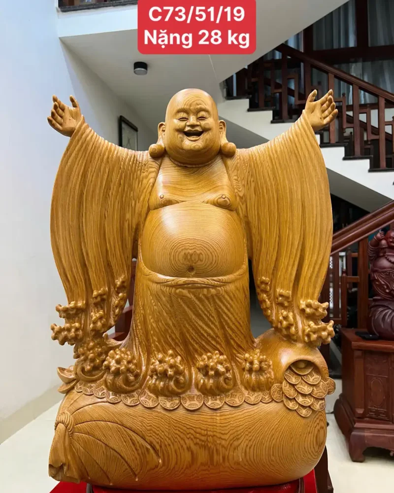di-lac-nghenh-G6373-1 Tượng Di Lặc Nghênh Hỷ Tứ Phương Gỗ Ngọc Am Liền Khối Chất Gỗ Nặng Đẹp Siêu Vân G6373