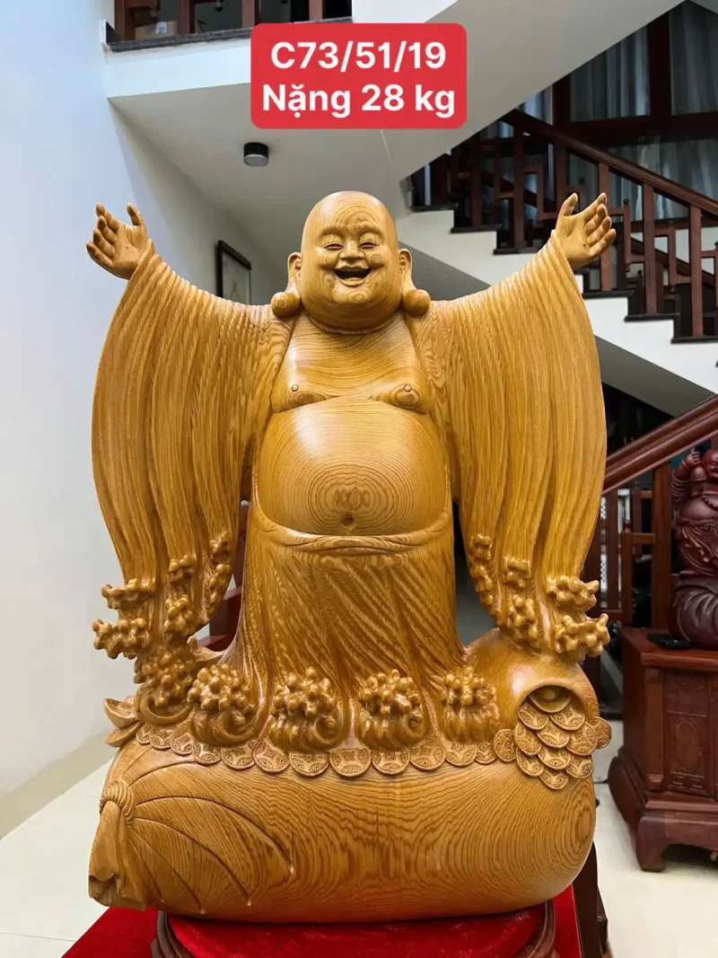 di-lac-nghenh-G6373-1 Tượng Di Lặc Nghênh Hỷ Tứ Phương Gỗ Ngọc Am Liền Khối Chất Gỗ Nặng Đẹp Siêu Vân G6373