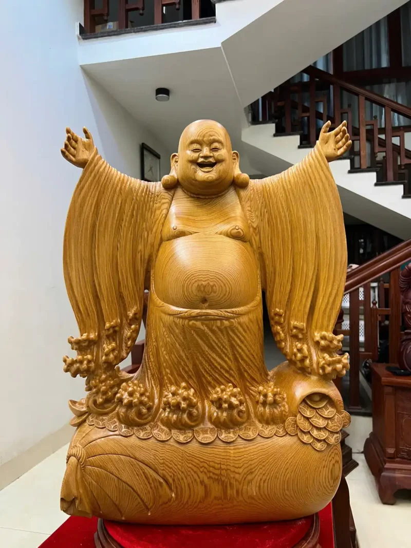 di-lac-nghenh-G6373-2 Tượng Di Lặc Nghênh Hỷ Tứ Phương Gỗ Ngọc Am Liền Khối Chất Gỗ Nặng Đẹp Siêu Vân G6373