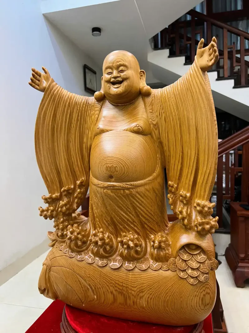 di-lac-nghenh-G6373-3 Tượng Di Lặc Nghênh Hỷ Tứ Phương Gỗ Ngọc Am Liền Khối Chất Gỗ Nặng Đẹp Siêu Vân G6373