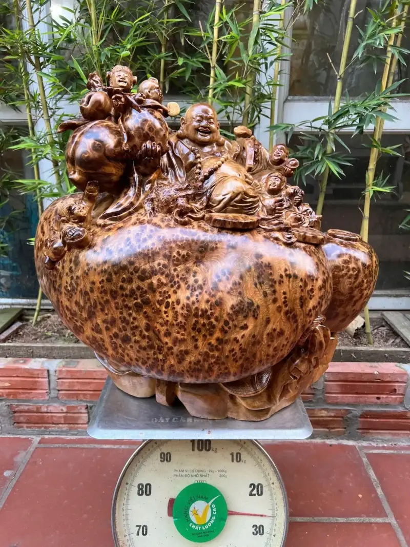 di-lac-ngoi-G5302-2 Tượng Di Lặc Ngồi Bao Tiền Ngũ Phúc Gỗ Nu Ngọc Am Dầy Kín Nu To Nặng Liền Khối G5302
