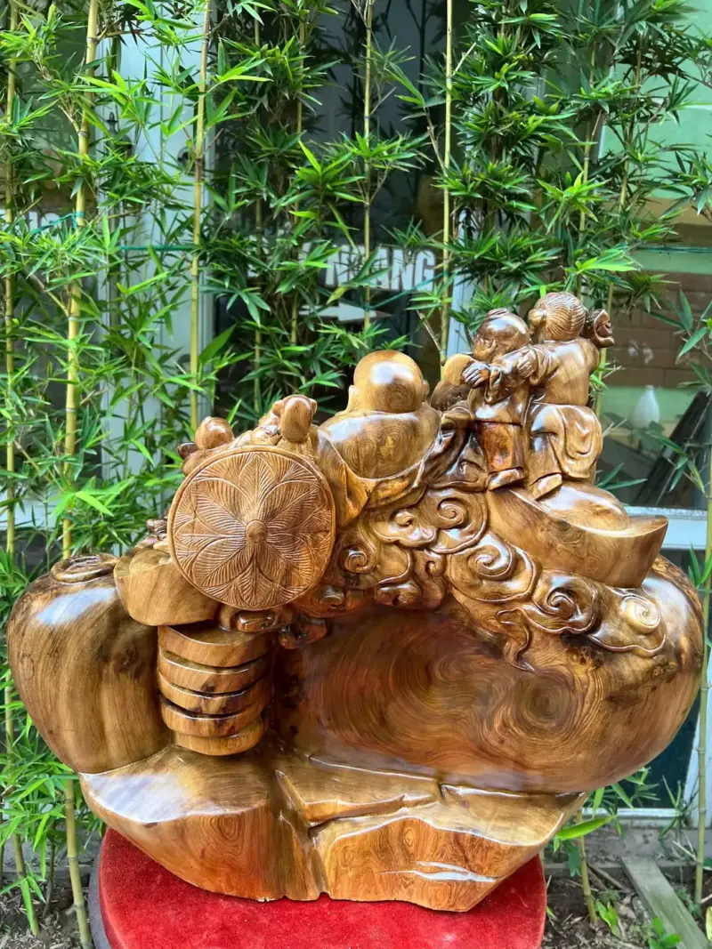 di-lac-ngoi-G5302-4 Tượng Di Lặc Ngồi Bao Tiền Ngũ Phúc Gỗ Nu Ngọc Am Dầy Kín Nu To Nặng Liền Khối G5302