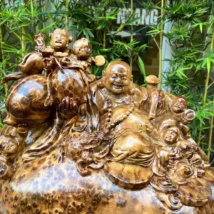 di-lac-ngoi-G5302-5 Tượng Di Lặc Ngồi Bao Tiền Ngũ Phúc Gỗ Nu Ngọc Am Dầy Kín Nu To Nặng Liền Khối G5302