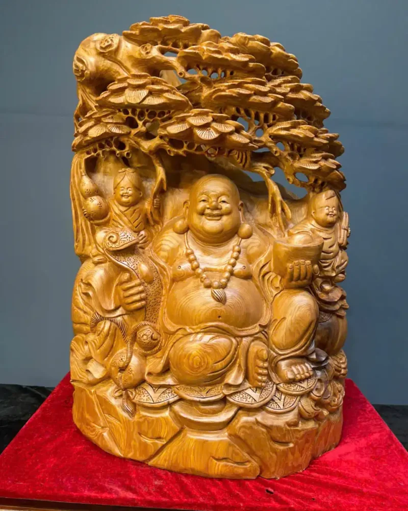 di-lac-ngoi-tung-go-ngoc-am-G6166-1 Tượng Di Lặc Ngồi Tùng Gỗ Ngọc Am Liền Khối G6166