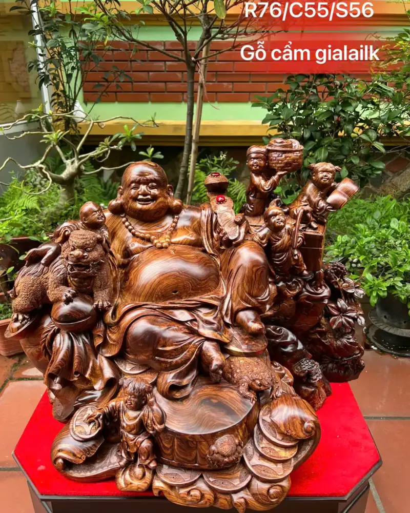 di-lac-ngu-G5299-1 Tượng Di Lặc Ngũ Phúc Ngồi Để Bàn Gỗ Cẩm Gia Lai Siêu Vân To Nặng Liền Khối G5299