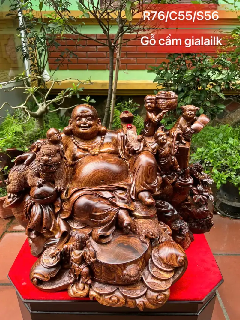 di-lac-ngu-G5299-1 Tượng Di Lặc Ngũ Phúc Ngồi Để Bàn Gỗ Cẩm Gia Lai Siêu Vân To Nặng Liền Khối G5299