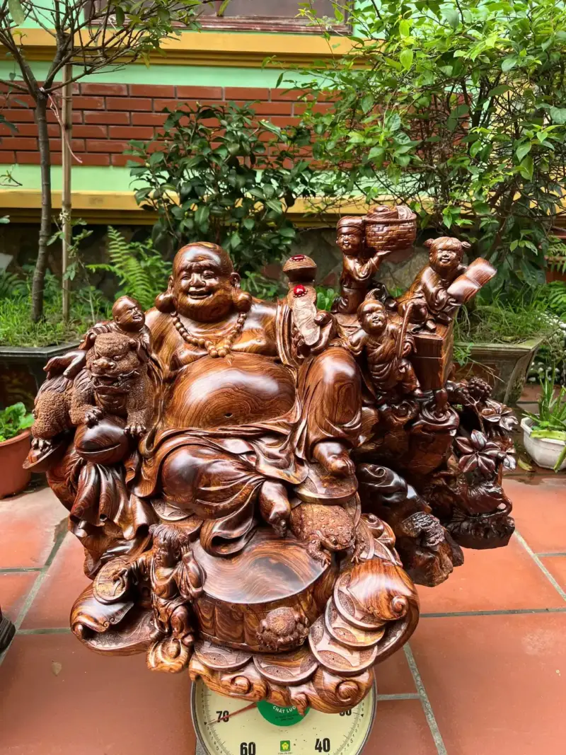 di-lac-ngu-G5299-3 Tượng Di Lặc Ngũ Phúc Ngồi Để Bàn Gỗ Cẩm Gia Lai Siêu Vân To Nặng Liền Khối G5299