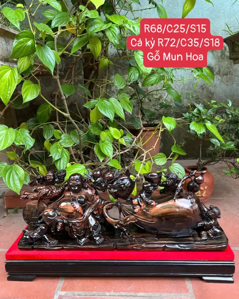 di-lac-ngu-G5385-1 Tượng Di Lặc Ngũ Phúc Kéo Bao Tiền Hàng Kỹ Gỗ Mun Hoa Liền Khối G5385