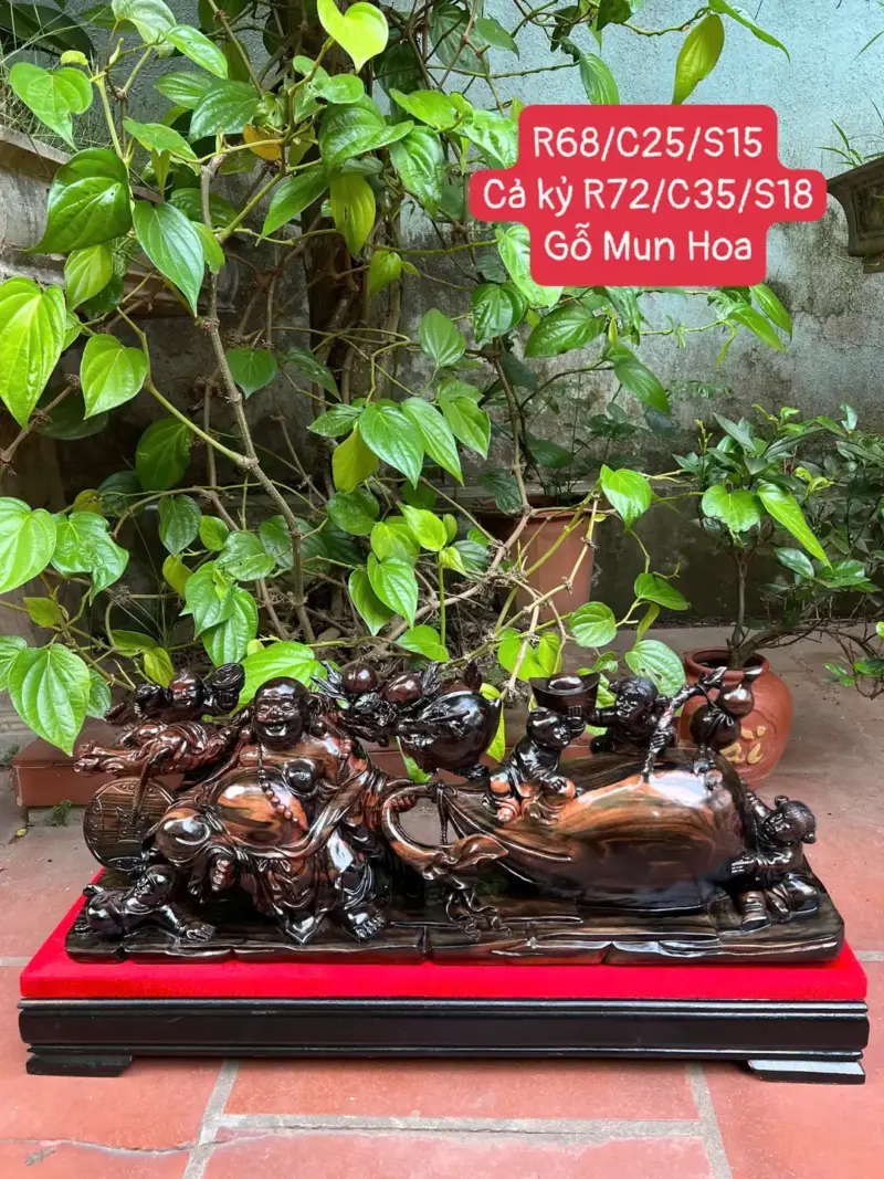 di-lac-ngu-G5385-1 Tượng Di Lặc Ngũ Phúc Kéo Bao Tiền Hàng Kỹ Gỗ Mun Hoa Liền Khối G5385