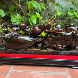 di-lac-ngu-G5385-2 Tượng Di Lặc Ngũ Phúc Kéo Bao Tiền Hàng Kỹ Gỗ Mun Hoa Liền Khối G5385