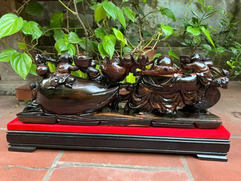 di-lac-ngu-G5385-2 Tượng Di Lặc Ngũ Phúc Kéo Bao Tiền Hàng Kỹ Gỗ Mun Hoa Liền Khối G5385