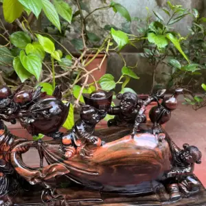 di-lac-ngu-G5385-3 Tượng Di Lặc Ngũ Phúc Kéo Bao Tiền Hàng Kỹ Gỗ Mun Hoa Liền Khối G5385
