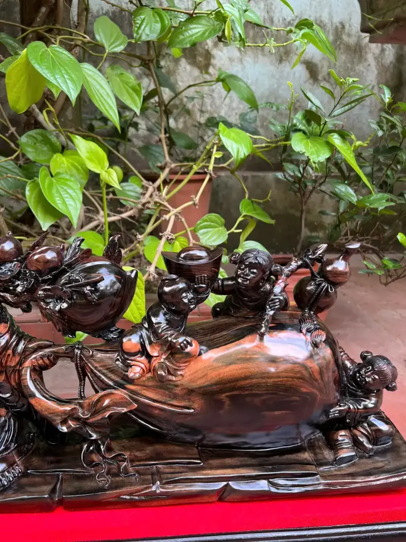 di-lac-ngu-G5385-3 Tượng Di Lặc Ngũ Phúc Kéo Bao Tiền Hàng Kỹ Gỗ Mun Hoa Liền Khối G5385