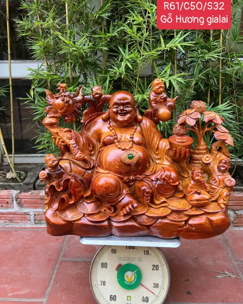 di-lac-ngu-G6344-1 Tượng Di Lặc Ngũ Phúc Ngồi Tiền Vàng Gỗ Hương Gia Lai Hàng To Nặng Kỹ Liền Khối G6344