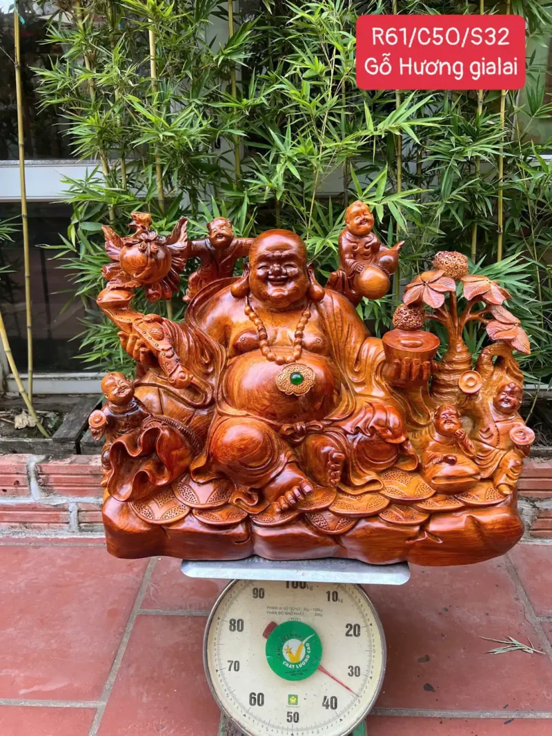 di-lac-ngu-G6344-1 Tượng Di Lặc Ngũ Phúc Ngồi Tiền Vàng Gỗ Hương Gia Lai Hàng To Nặng Kỹ Liền Khối G6344