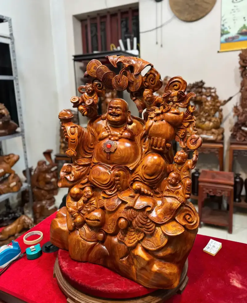 di-lac-ngu-phuc-go-huong-ta-G5295-2 Tượng Di Lặc Ngũ Phúc Gỗ Hương Ta Hàng To Đẹp Liền Khối G5295