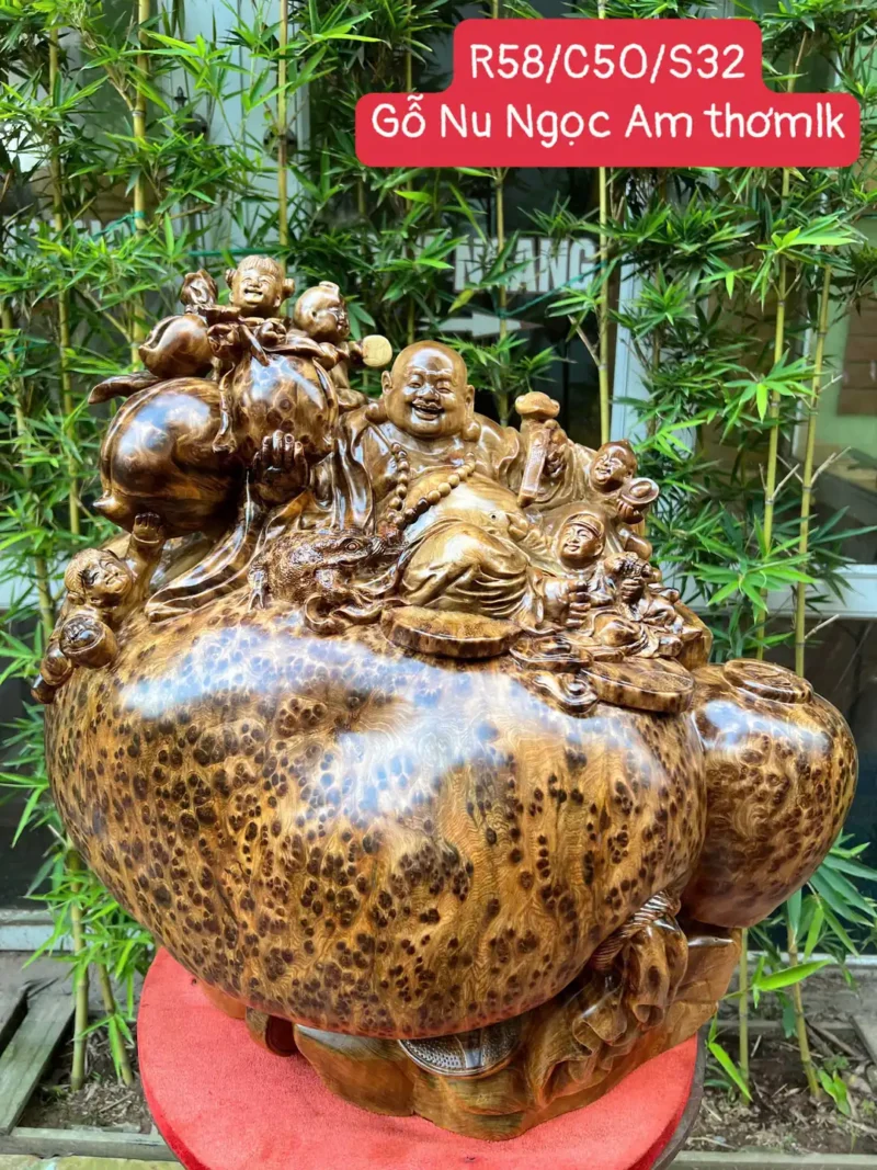 di-lac-ngu-phuc-ngoi-bao-tien-go-nu-ngoc-G6110-1 Tượng Di Lặc Ngũ Phúc Ngồi Bao Tiền Gỗ Nu Ngọc Am Dầy Kín Nu To Nặng Liền Khối G6110