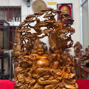 di-lac-ngu-phuc-ngoi-goc-tung-go-huong-ta-G5942-1 Tượng Di Lặc Ngũ Phúc Ngồi Gốc Tùng Gỗ Hương Ta Liền Khối G5942