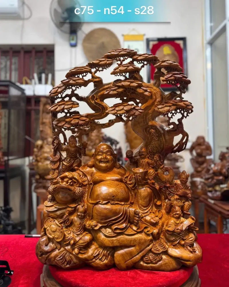 di-lac-ngu-phuc-ngoi-goc-tung-go-huong-ta-G5942-1 Tượng Di Lặc Ngũ Phúc Ngồi Gốc Tùng Gỗ Hương Ta Liền Khối G5942