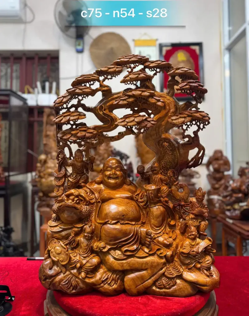 di-lac-ngu-phuc-ngoi-goc-tung-go-huong-ta-G5942-1 Tượng Di Lặc Ngũ Phúc Ngồi Gốc Tùng Gỗ Hương Ta Liền Khối G5942