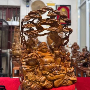 di-lac-ngu-phuc-ngoi-goc-tung-go-huong-ta-G5942-2 Tượng Di Lặc Ngũ Phúc Ngồi Gốc Tùng Gỗ Hương Ta Liền Khối G5942