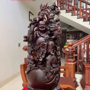 Tượng Di Lặc Ngũ Quỷ Vác Đào Gỗ Tử Đàn Liền Khối Hàng Kỹ Nét G5114