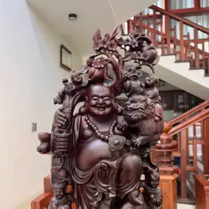 Tượng Di Lặc Ngũ Quỷ Vác Đào Gỗ Tử Đàn Liền Khối Hàng Kỹ Nét G5114