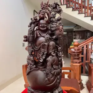 Tượng Di Lặc Ngũ Quỷ Vác Đào Gỗ Tử Đàn Liền Khối G5132