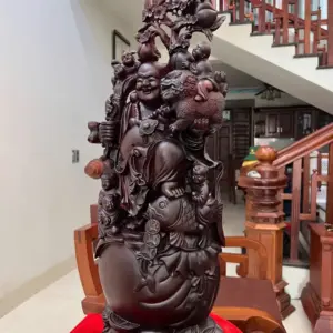 Tượng Di Lặc Ngũ Quỷ Vác Đào Gỗ Tử Đàn Liền Khối G5132