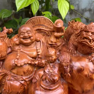 di-lac-tam-G5313-5 Tượng Di Lặc Tam Phúc Để Bàn Gỗ Nu Ngọc Am Thơm Liền Khối G5313