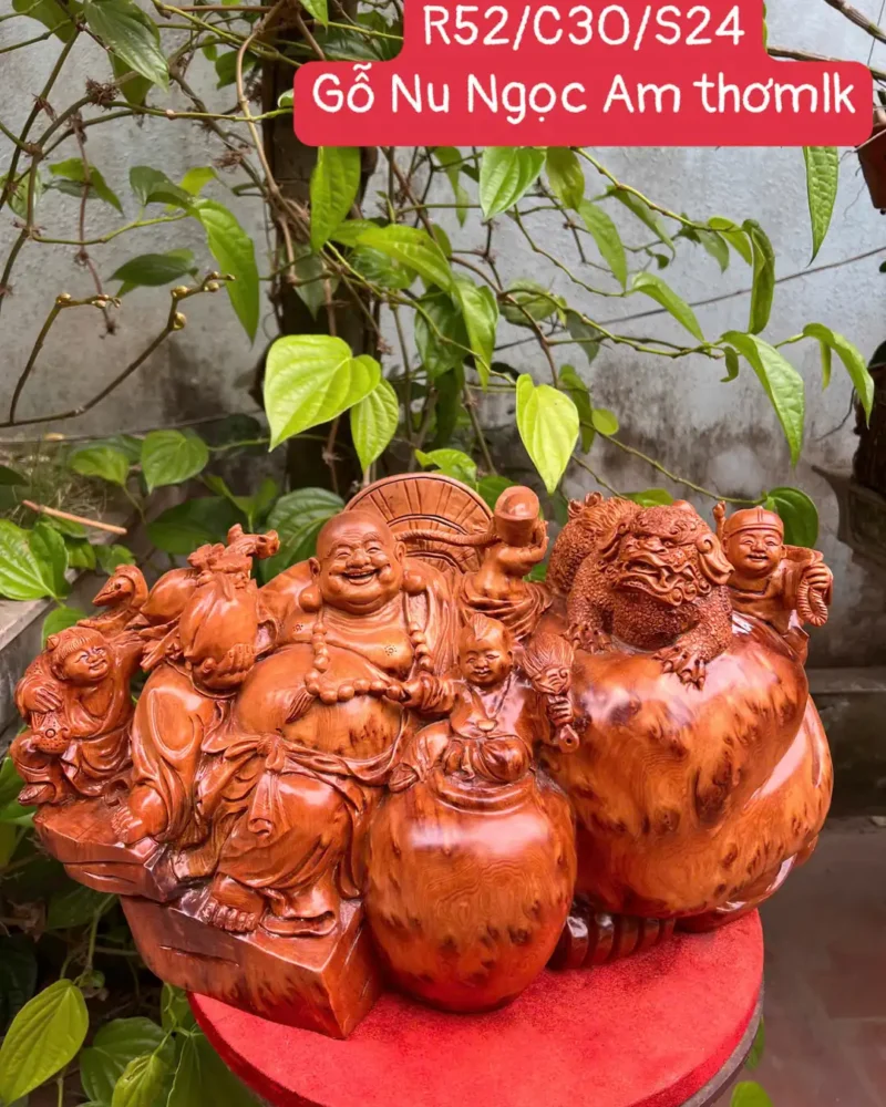 di-lac-tam-G6137-1 Tượng Di Lặc Tam Phúc Gỗ Nu Ngọc Am Thơm Liền Khối G6137