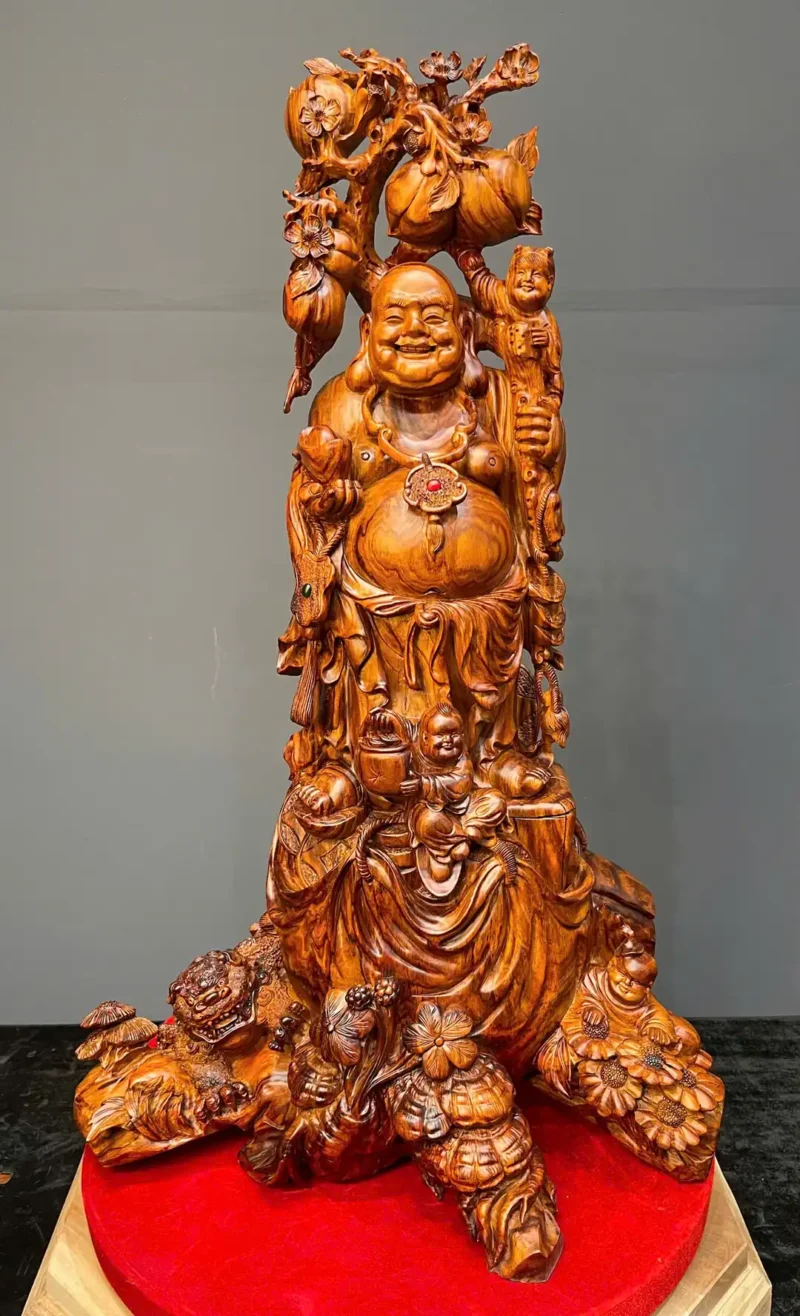 di-lac-tam-phuc-go-sua-cao-G5945-1 Tượng Di Lặc Tam Phúc Gỗ Sưa Liền Khối G5945