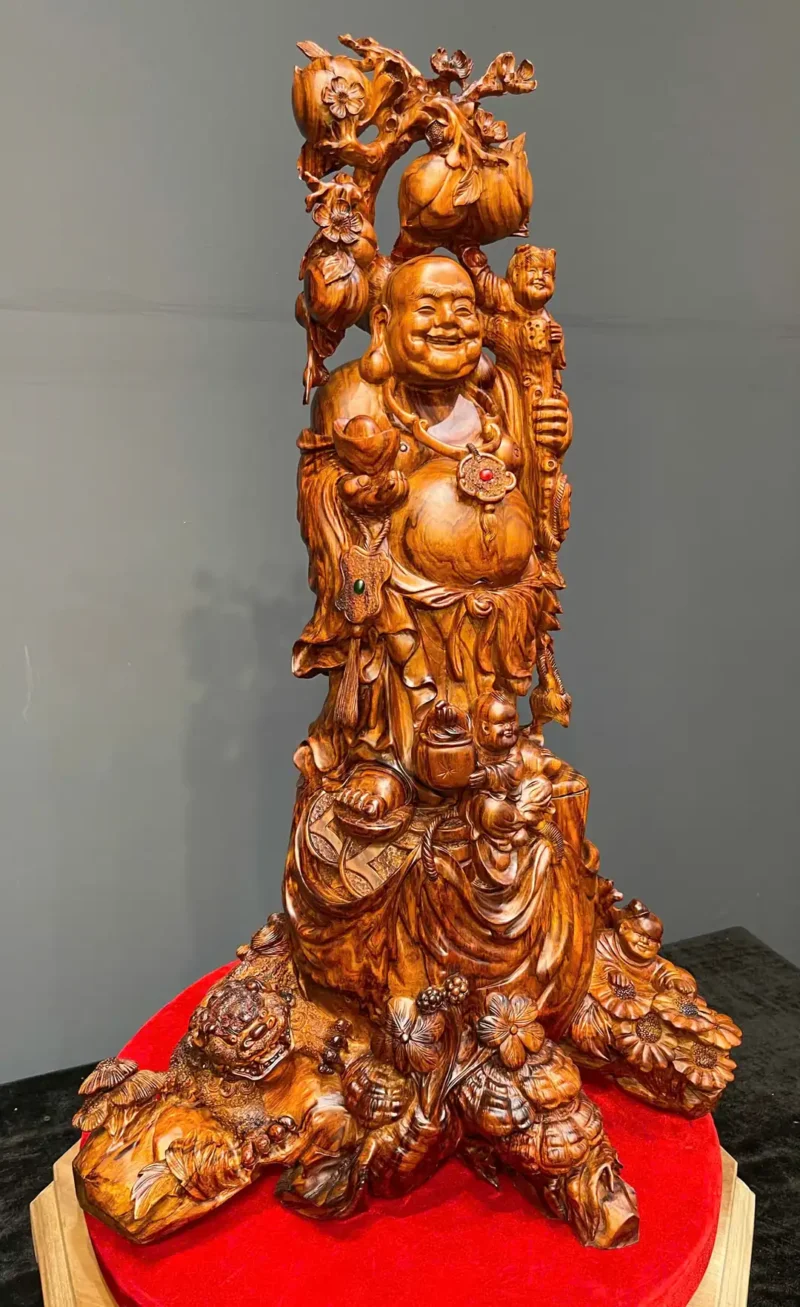 di-lac-tam-phuc-go-sua-cao-G5945-3 Tượng Di Lặc Tam Phúc Gỗ Sưa Liền Khối G5945