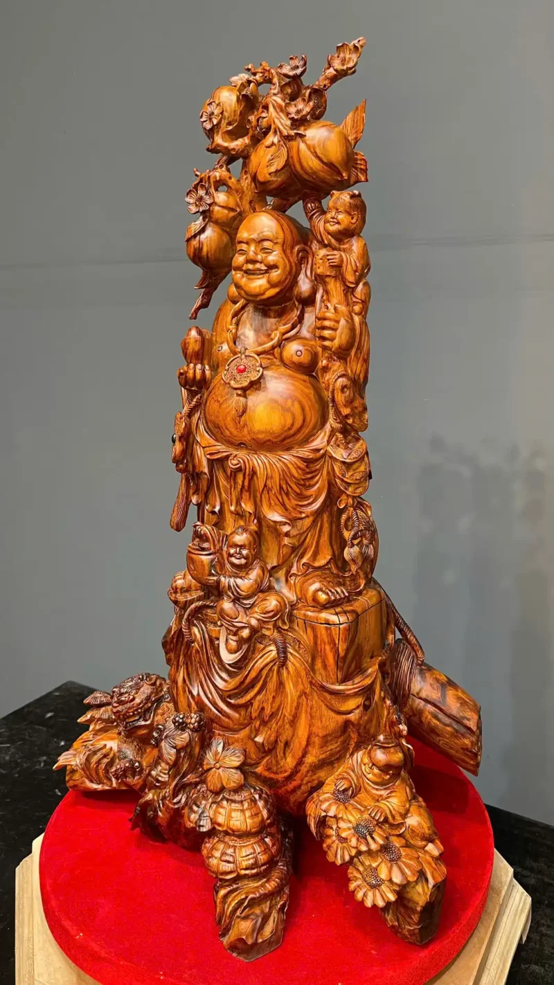 di-lac-tam-phuc-go-sua-cao-G5945-4 Tượng Di Lặc Tam Phúc Gỗ Sưa Liền Khối G5945