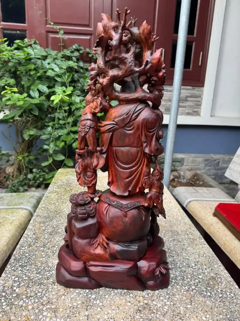 di-lac-tam-phuc-quay-ao-go-trac-lien-G5386-5 Tượng Di Lặc Tam Phúc Quẩy Đào Gỗ Trắc Liền Khối Hàng Kỹ Nét G5386