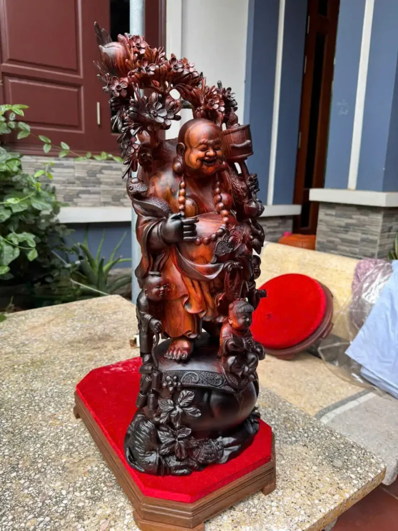 di-lac-tam-phuc-quay-ao-go-trac-viet-G5872-5 Tượng Di Lặc Tam Phúc Quẩy Đào Gỗ Trắc Việt Liền Khối Hàng Kỹ Nét Vip G5872