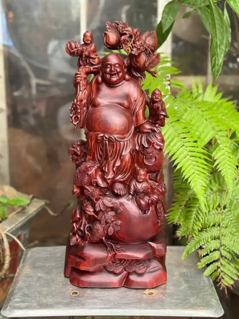 di-lac-ung-bao-tien-go-tu-an-G5318-2 Tượng Di Lặc Đứng Bao Tiền Gỗ Tử Đàn Liền Khối Hàng Đẹp G5318