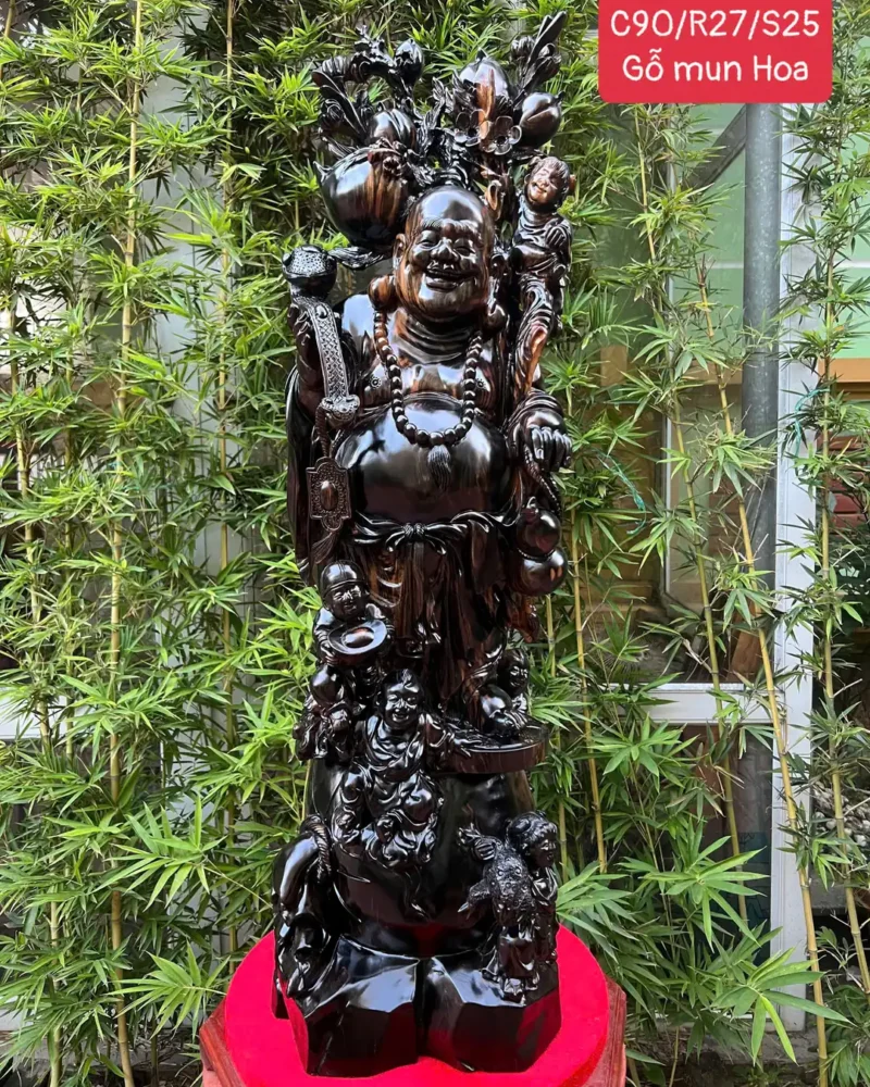 di-lac-ung-tien-vang-ngu-phuc-go-mun-hoa-G6000-1 Tượng Di Lặc Đứng Tiền Vàng Ngũ Phúc Gỗ Mun Hoa Hàng Kỹ Liền Khối G6000