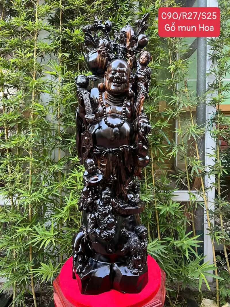 di-lac-ung-tien-vang-ngu-phuc-go-mun-hoa-G6000-1 Tượng Di Lặc Đứng Tiền Vàng Ngũ Phúc Gỗ Mun Hoa Hàng Kỹ Liền Khối G6000