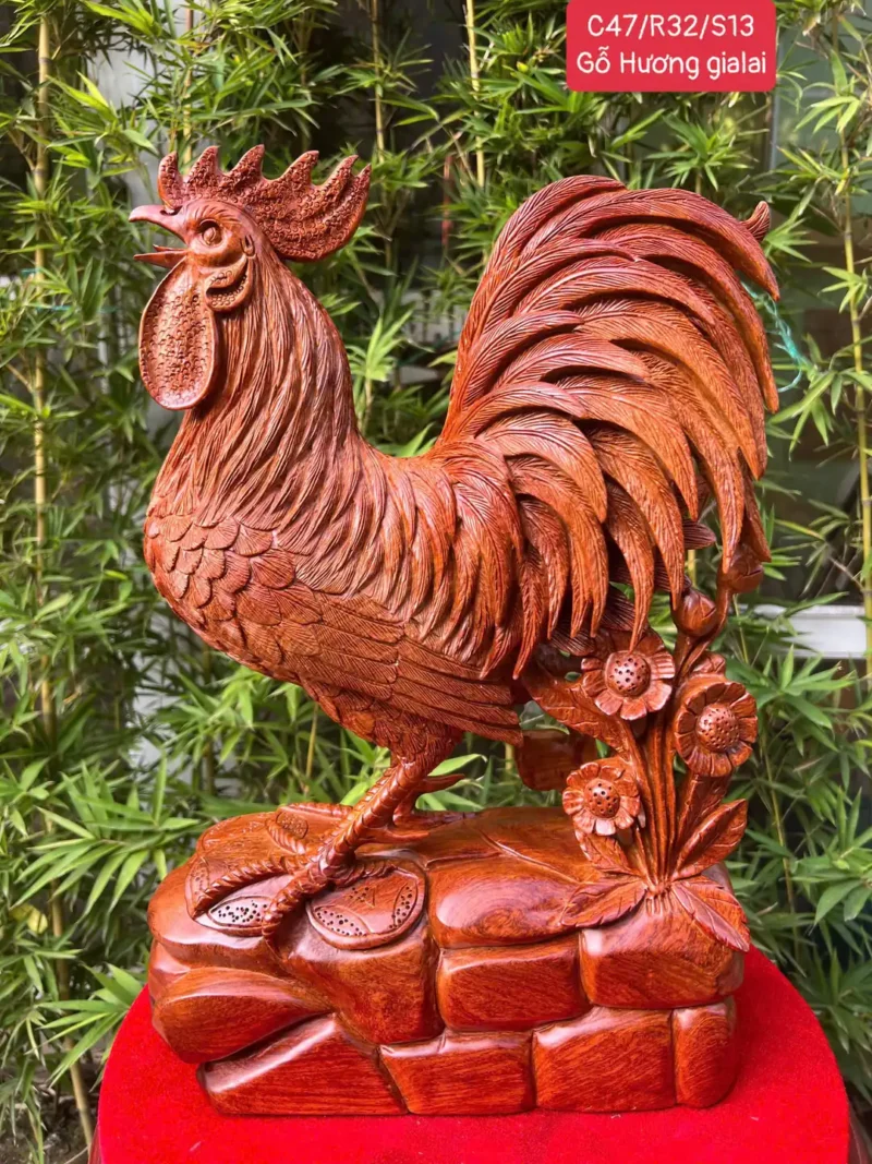 ga-trong-go-G6401-1 Tượng Gà Trống Gỗ Hương Ta Gia Lai Liền Khối To Đẹp G6401