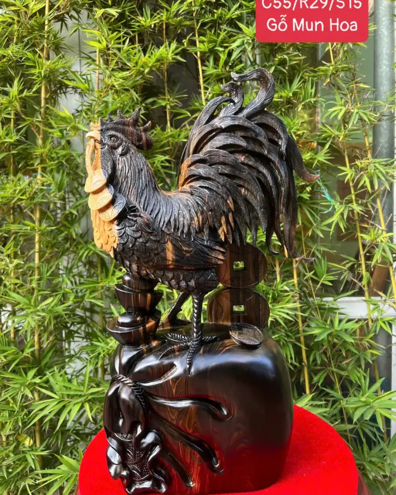 ga-trong-go-G6402-1 Tượng Gà Trống Gỗ Mun Hoa Hàng To Kỹ Liền Khối G6402
