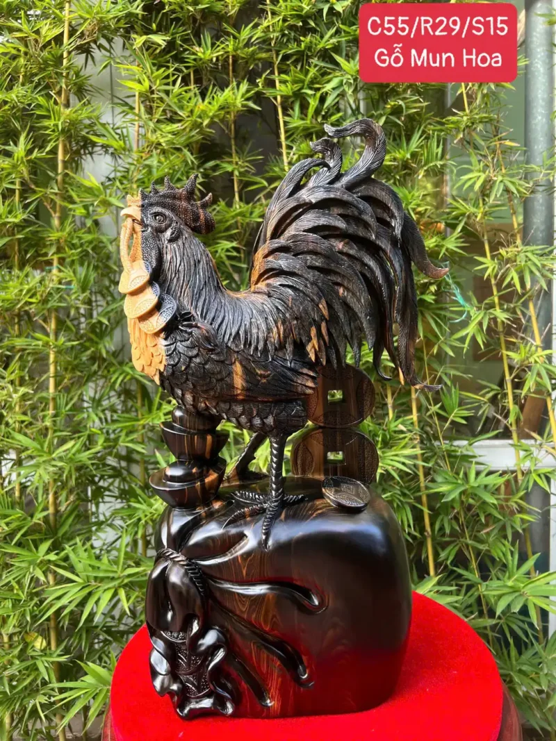 ga-trong-go-G6402-1 Tượng Gà Trống Gỗ Mun Hoa Hàng To Kỹ Liền Khối G6402