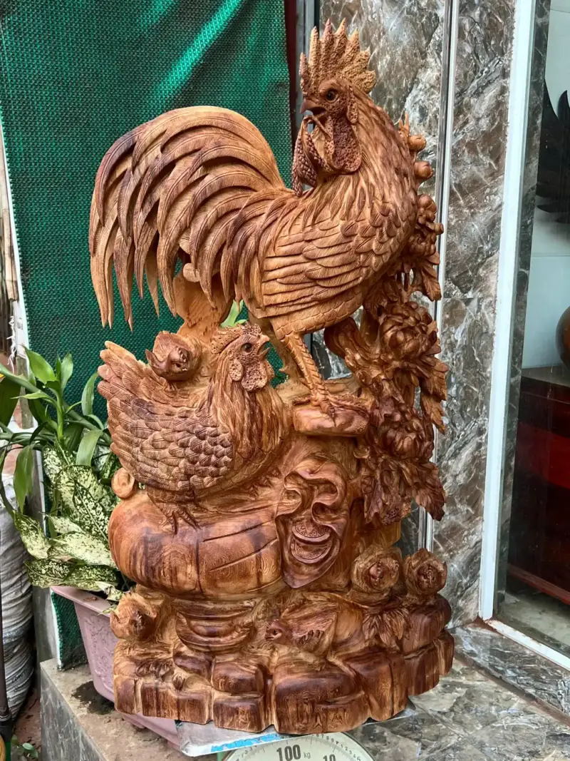 gia-inh-ga-G5677-2 Tượng Gia Đình Gà Gỗ Ngọc Am Thơm Nức Hàng Kỹ Nét Liền Khối G5677