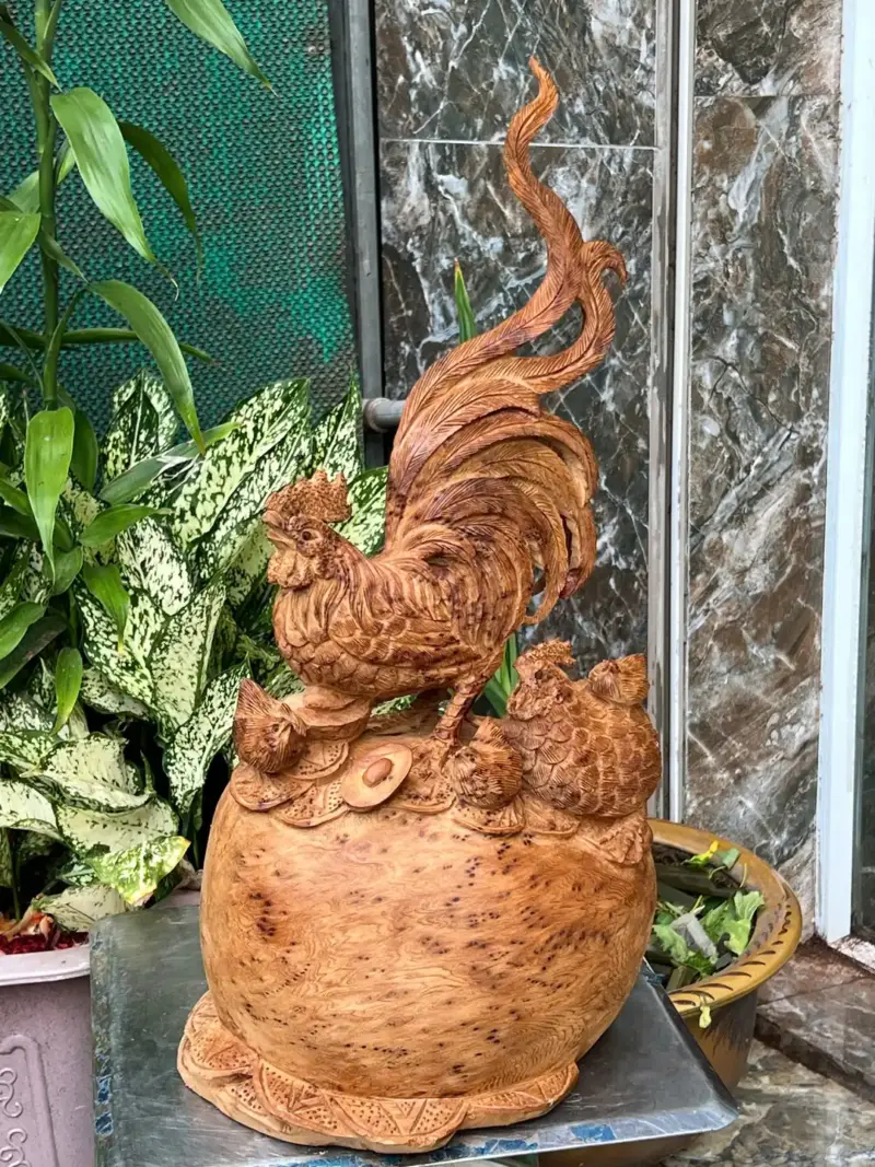 gia-inh-ga-G5678-2 Tượng Gia Đình Gà Gỗ Nu Ngọc Am Thơm Nức Nu Kín Liền Khối G5678