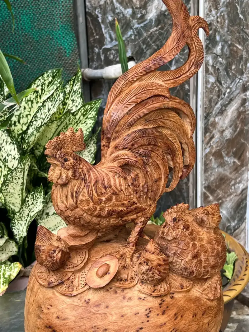 gia-inh-ga-G5678-4 Tượng Gia Đình Gà Gỗ Nu Ngọc Am Thơm Nức Nu Kín Liền Khối G5678