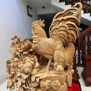 gia-inh-ga-G5764-2 Tượng Gia Đình Gà Gỗ Ngọc Am Liền Khối Hàng Nghệ Nhân Đục Kỹ Sắc Nét Có Sơn G5764